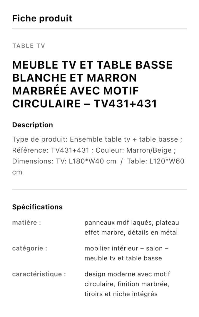 TABLE TELEVISEUR BEIGE MARRON 150X34 TV431 + TABLE BASSE 120X60 431