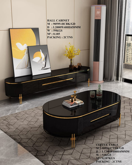 TABLE TELEVISEUR NOIR 2M + TABLE BASSE 1M20