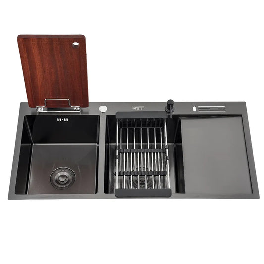 Évier de cuisine double en acier inoxydable avec égouttoir, à encastrer, dimensions : 100x50 (Noir) (Copy)