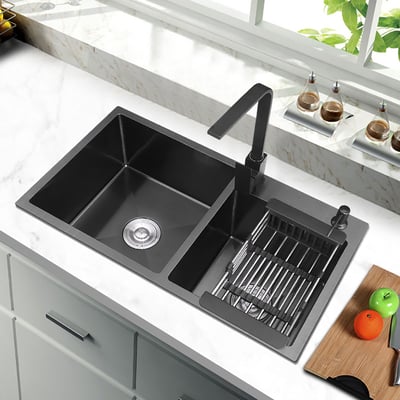 Évier de cuisine double en acier inoxydable avec égouttoir, à encastrer, dimensions : 78 x 43 (Noir)