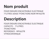 FOUR ENDURO ENCASTRABLE ELECTRIQUE 71LITRES 60X60 7FONCTIONS NOIR MFA627B