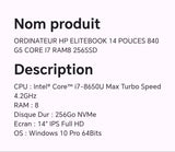 ORDINATEUR HP ELITEBOOK 14 POUCE 840 G5 CORE I7 RAM8 256SSD