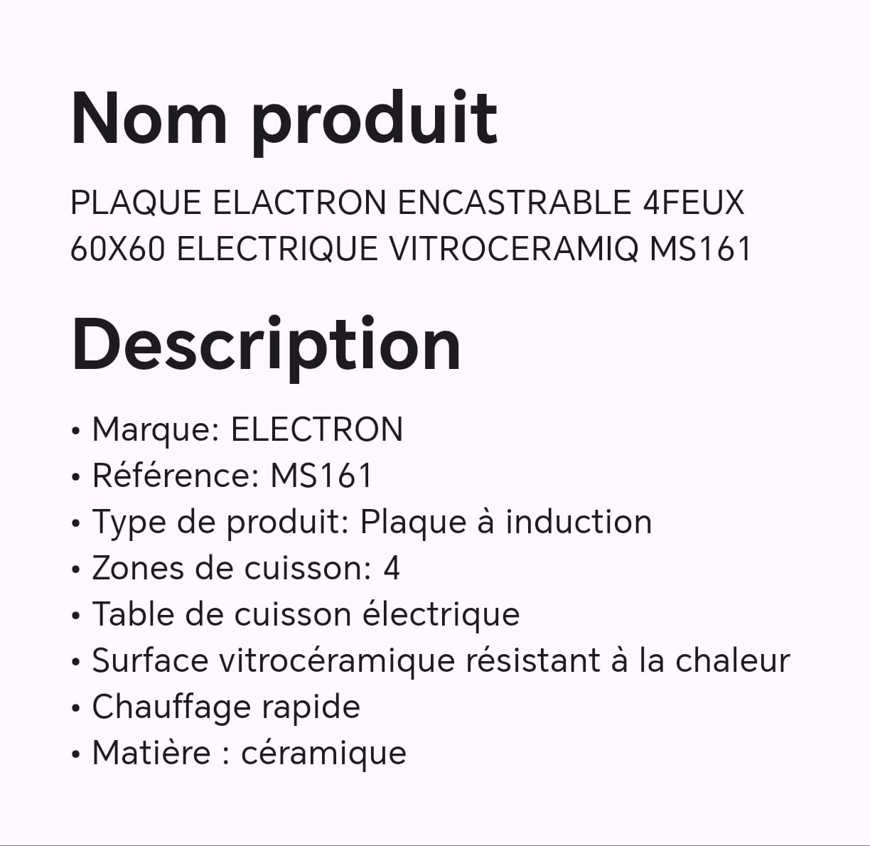 PLAQUE ELACTRON ENCASTRABLE 4FEUX 60X60 ELECTRQUE VITROCERAMIQ MS161