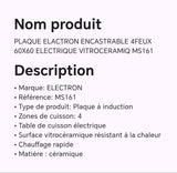 PLAQUE ELACTRON ENCASTRABLE 4FEUX 60X60 ELECTRQUE VITROCERAMIQ MS161