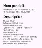 CUISINIERE HAIER 5FEUX 90X60 4FEUX A GAZ + 1FEU ELECTRIQUE GRIS HCR6041EGS