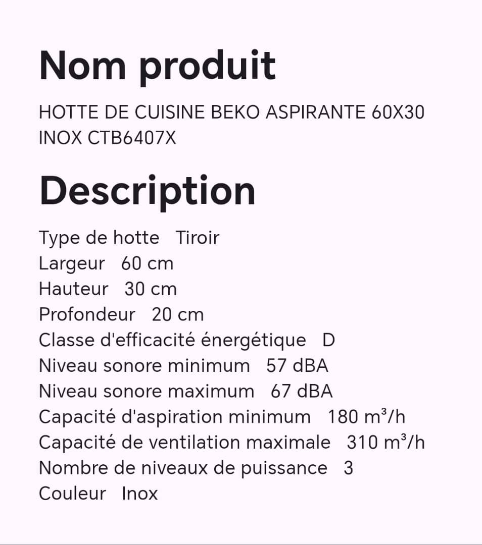 HOTTE DE CUISINE BEKO ASPIRANTE 60X30 INOX CTB6407X