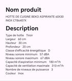 HOTTE DE CUISINE BEKO ASPIRANTE 60X30 INOX CTB6407X
