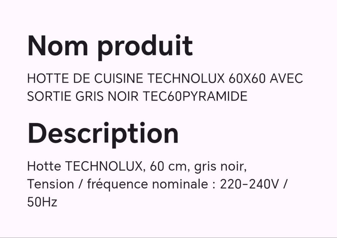 HOTTE DE CUISINE TECHNOLUX 60X60 AVEC SORTIE GRIS NOIR TEC60PYRAMIDE