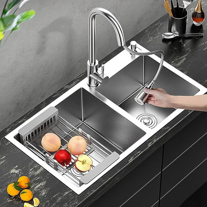 Évier de cuisine double en acier inoxydable avec égouttoir, à encastrer, dimensions : 78 x 43 (Gris)