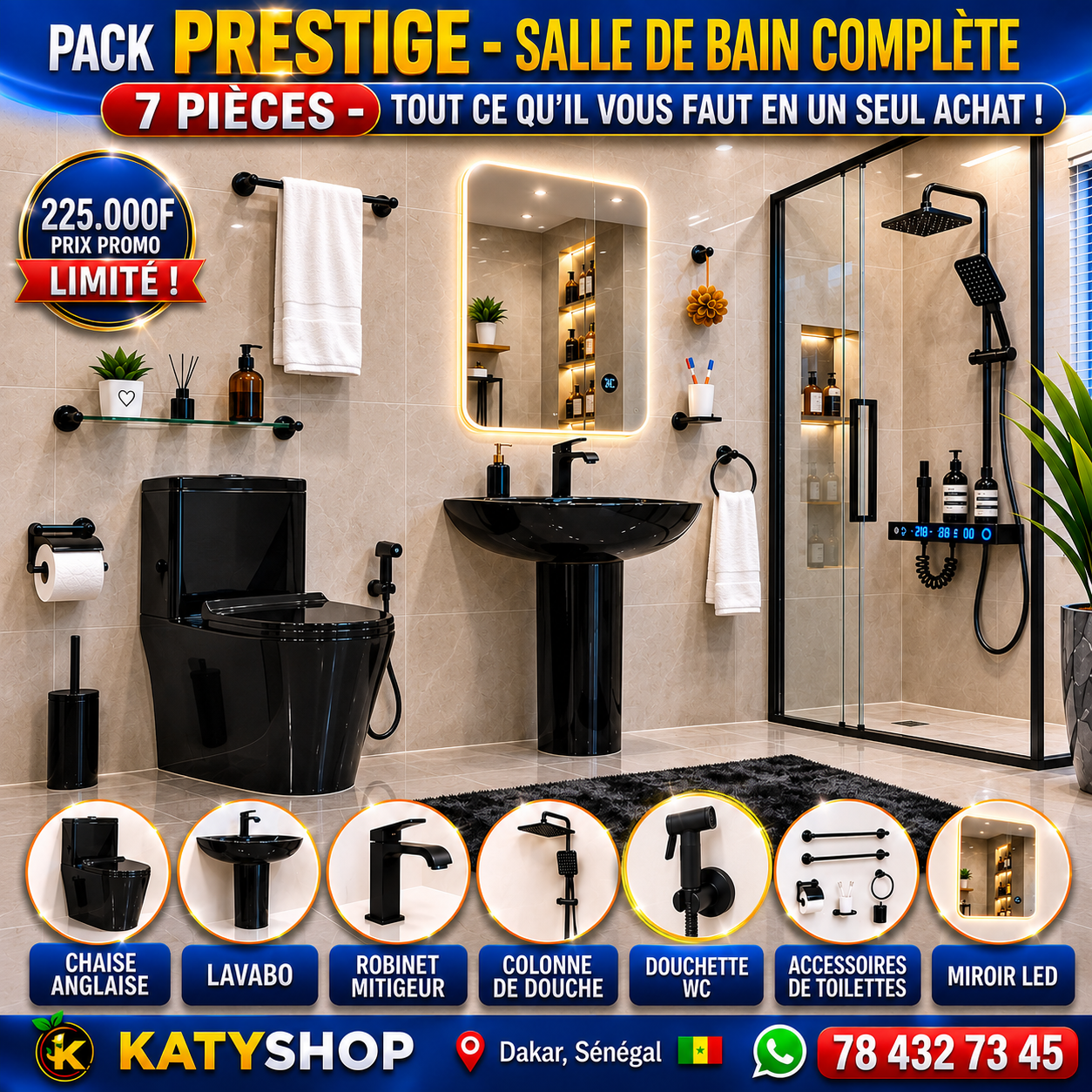 𝐏𝐀𝐂𝐊 𝐏𝐑𝐄𝐒𝐓𝐈𝐆𝐄 – 𝐒𝐀𝐋𝐋𝐄 𝐃𝐄 𝐁𝐀𝐈𝐍 𝐂𝐎𝐌𝐏𝐋𝐄̀𝐓𝐄 - 7 PIÈCES TOUT CE QU'IL VOUS FAUT EN UN SEUL ACHAT