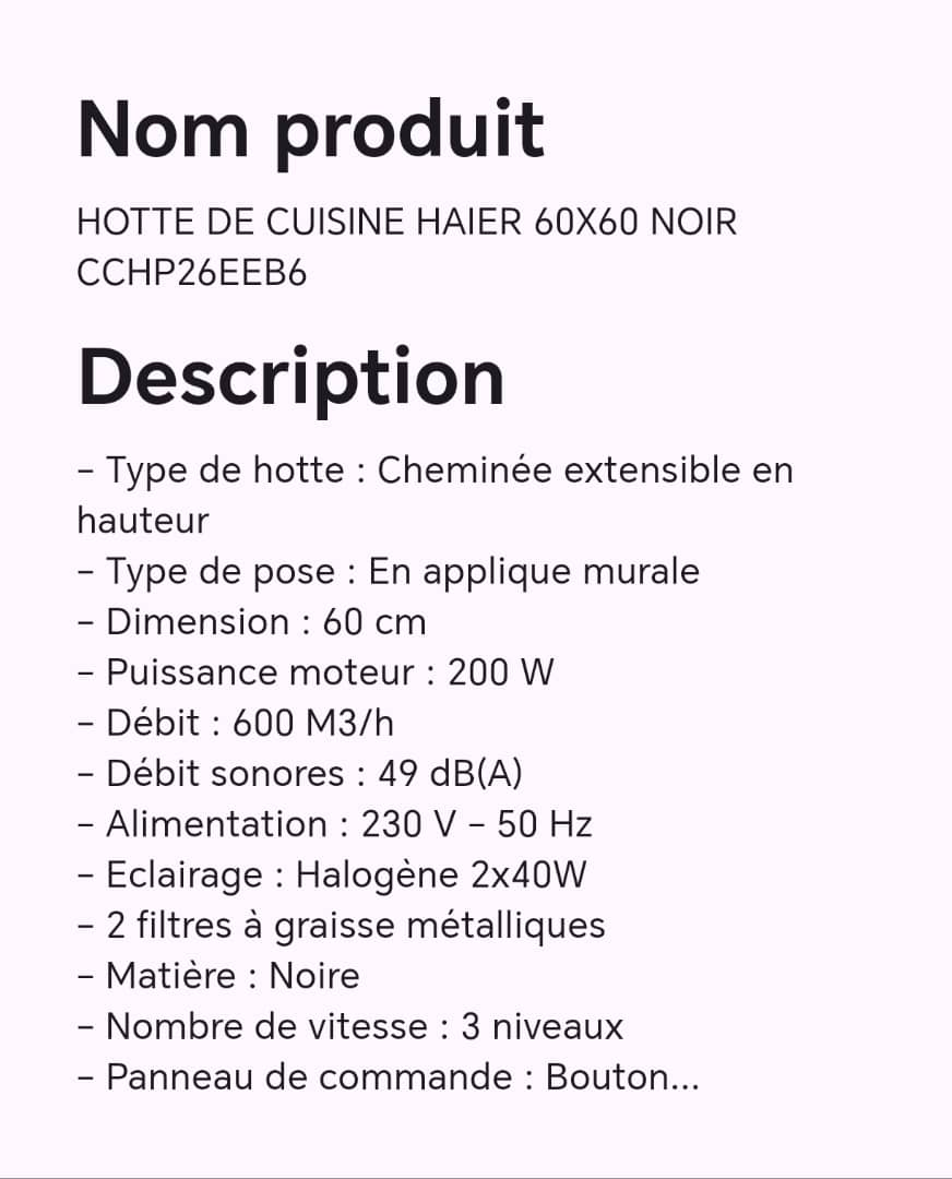 HOTTE DE CUISINE HAIER 60X60 NOIR CCHP26EEB6