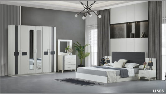 CHAMBRE A COUCHER 6BATTANTS 4PIECES BLANC GRIS LINES