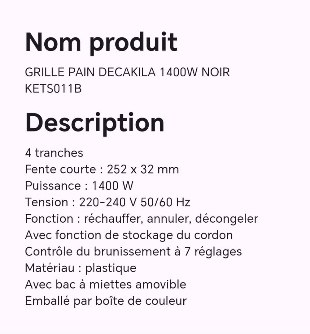 GRILLE PAIN DECAKILA 1400W NOIR KETS011B