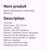 GRILLE PAIN DECAKILA 1400W NOIR KETS011B