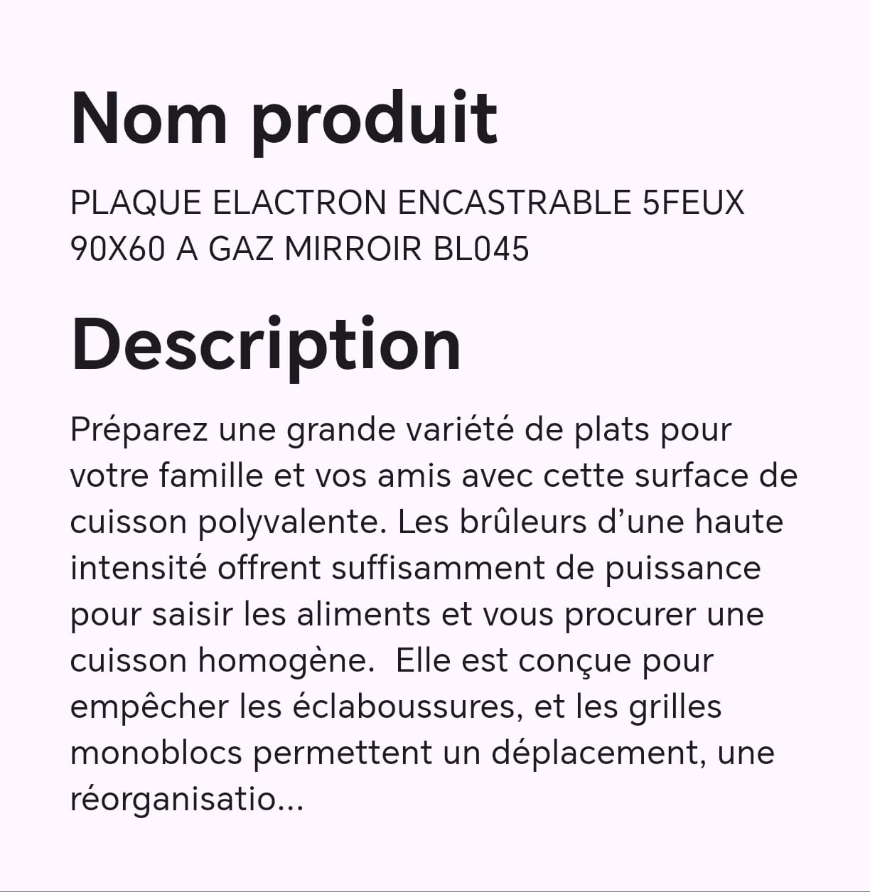 PLAQUE ELACTRON ENCASTRABLE 5FEUX 90X60 A GAZ MIRROIR BL045