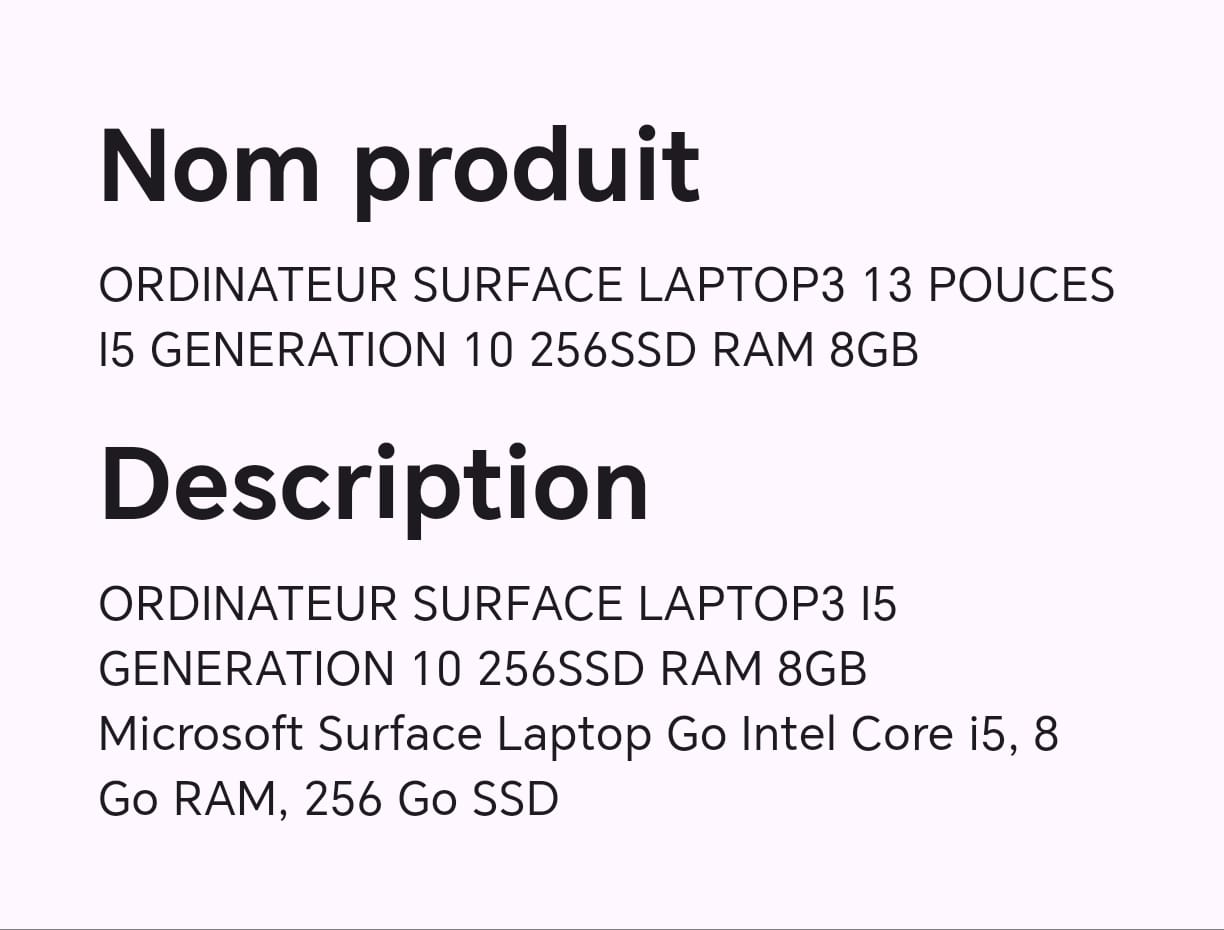ORDINATEUR SURFACE LAPTOP3 13 POUCES I5 GENERATION 10 256 SSD RAM 8GB