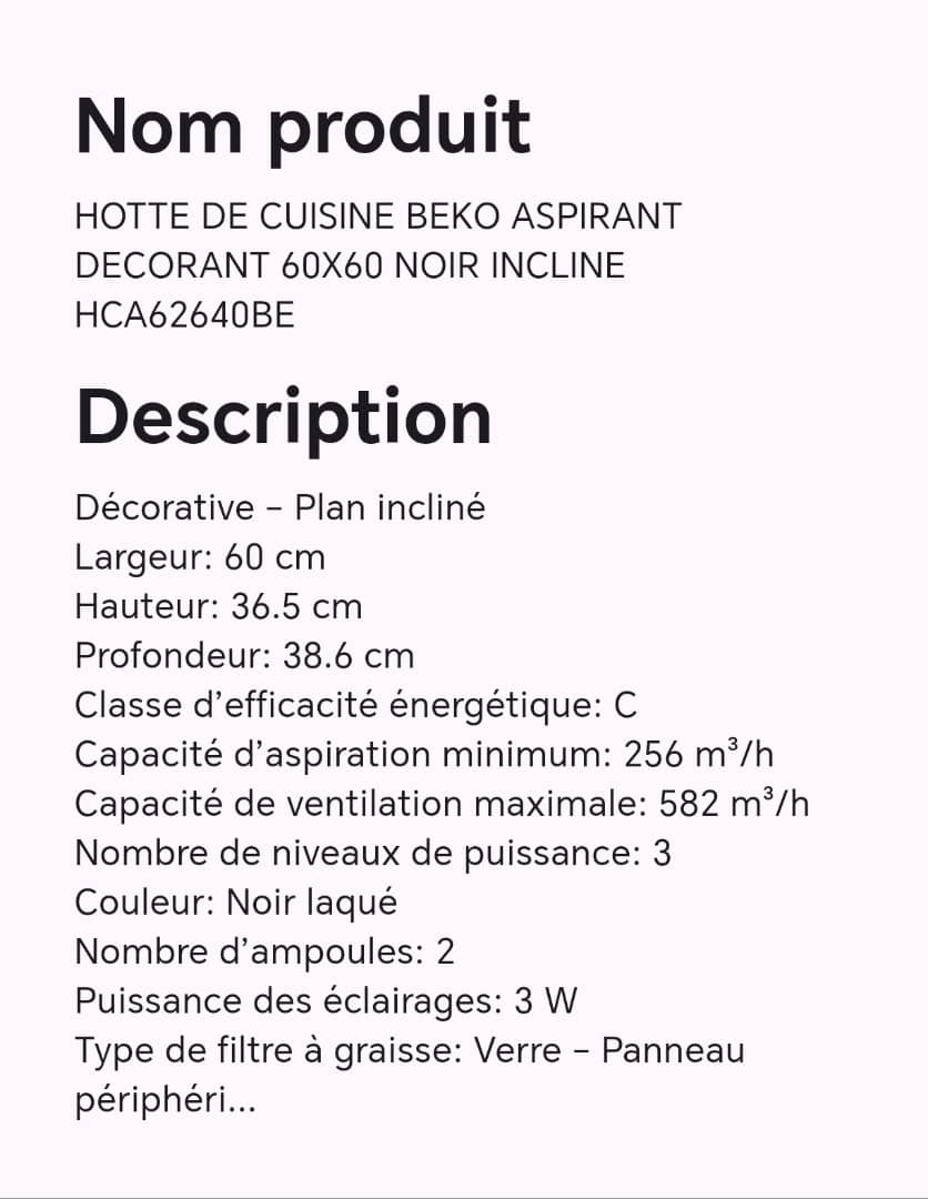 HOTTE DE CUISINE BEKO ASPIRANT DECORANT 60X60 NOIR INCLINE HCA62640BE