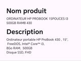 ORDINATEUR HP PROBOOK 15POUCES I3 500GB RAM8 430