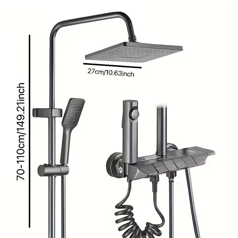 Pommeau de douche Gris effet pluie avec douchette à main, pommeau de douche haute pression de 30 cm avec bouton de commande à 4 fonctions, douchette à main à 3 jets avec support et flexible, pommeau de douche cascade anti-fuite