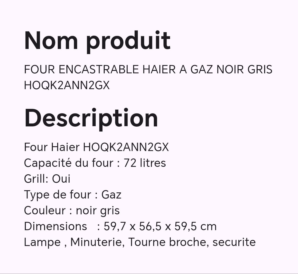 FOUR ENCASTRABLE HAIER A GAZ NOIR GRIS HOQK2ANN2GX