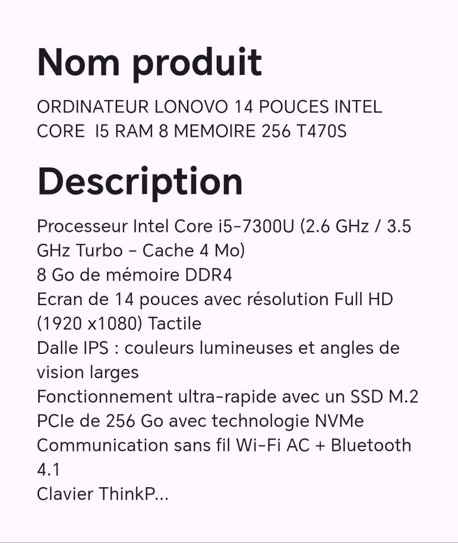 ORDINATEUR LONOVO 14 POUCES INTEL CORE I5 RAM 8 MEMOIRE 256 T470S