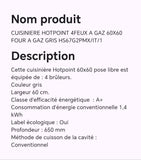 CUISINIERE HOTPOINT 4FEUX A GAZ 60X60 FOUR A GAZ GRIS HS67G2PMX/IT/1
