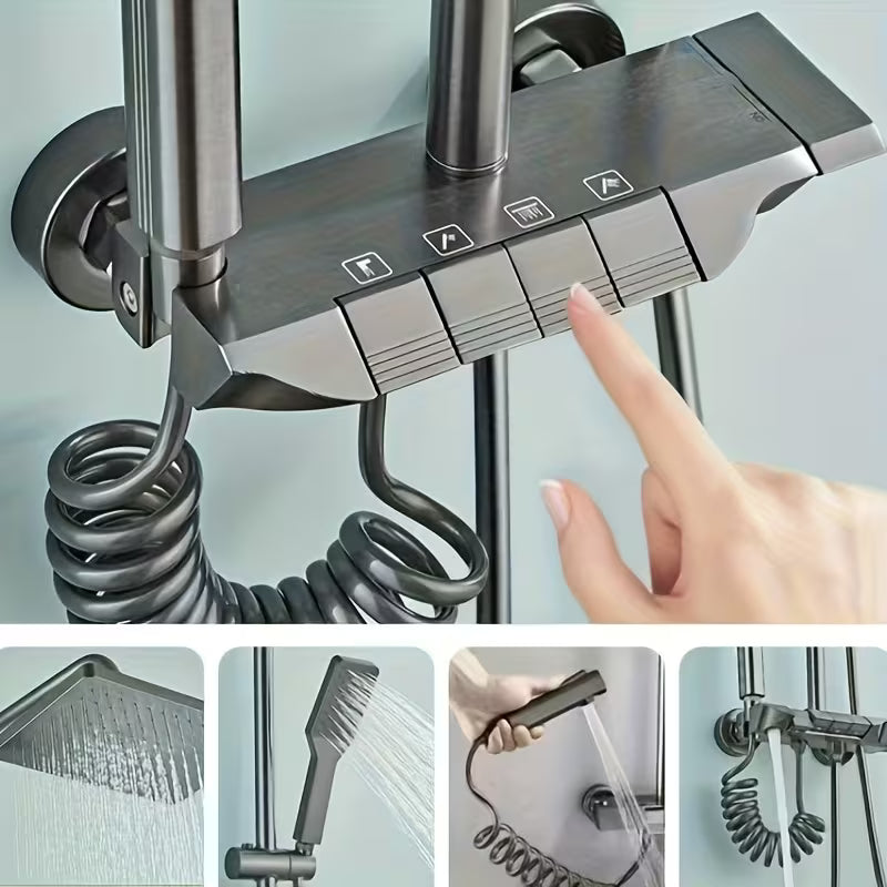 Pommeau de douche Gris effet pluie avec douchette à main, pommeau de douche haute pression de 30 cm avec bouton de commande à 4 fonctions, douchette à main à 3 jets avec support et flexible, pommeau de douche cascade anti-fuite