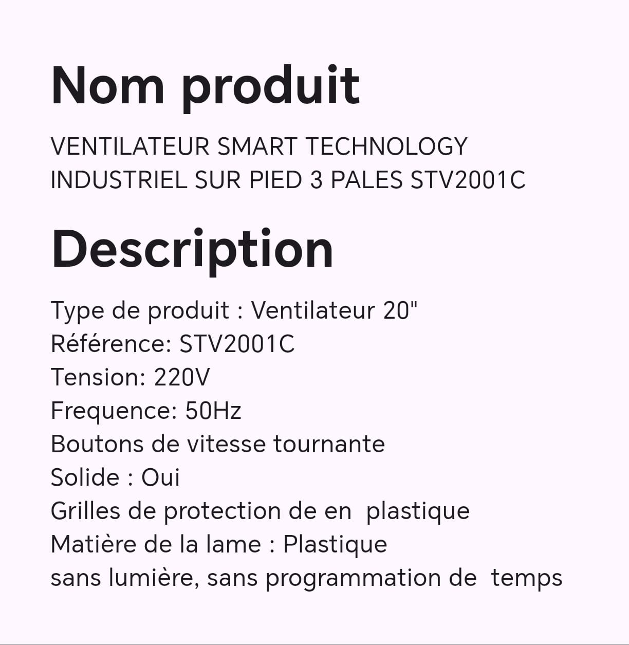 VENTILATEUR SMART TECHNOLOGY INDUSTRIEL SUR PIED 3 PALES STV2001C
