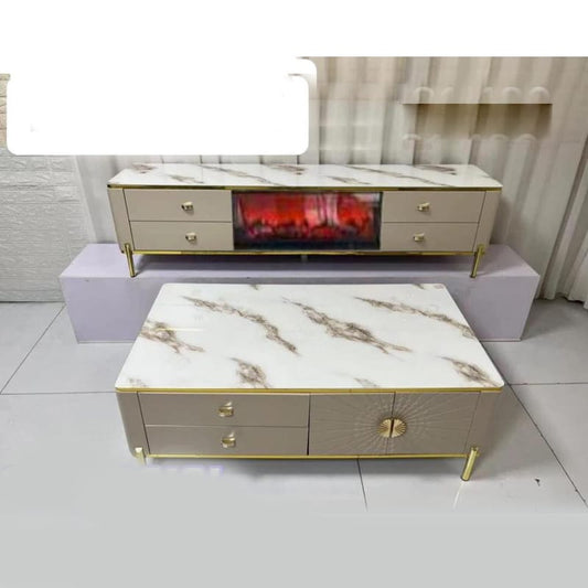 TABLE TELEVISEUR BEIGE MARBRE 200X40X46 66-201 + TABLE BASSE 130X70 66-13