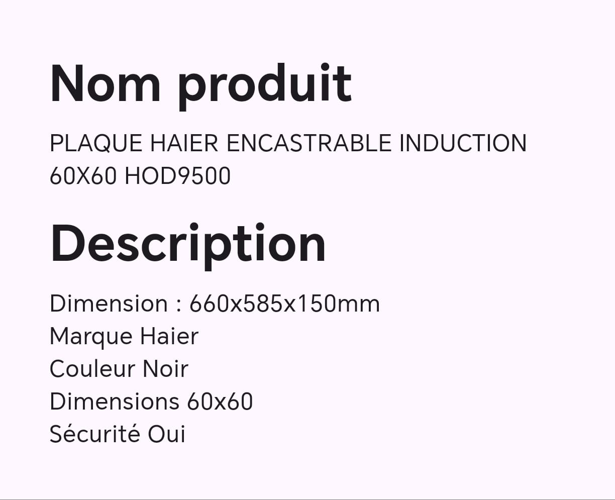 PLAQUE HAIER ENCASTRABLE INDUCTION 60X60 HOD9500