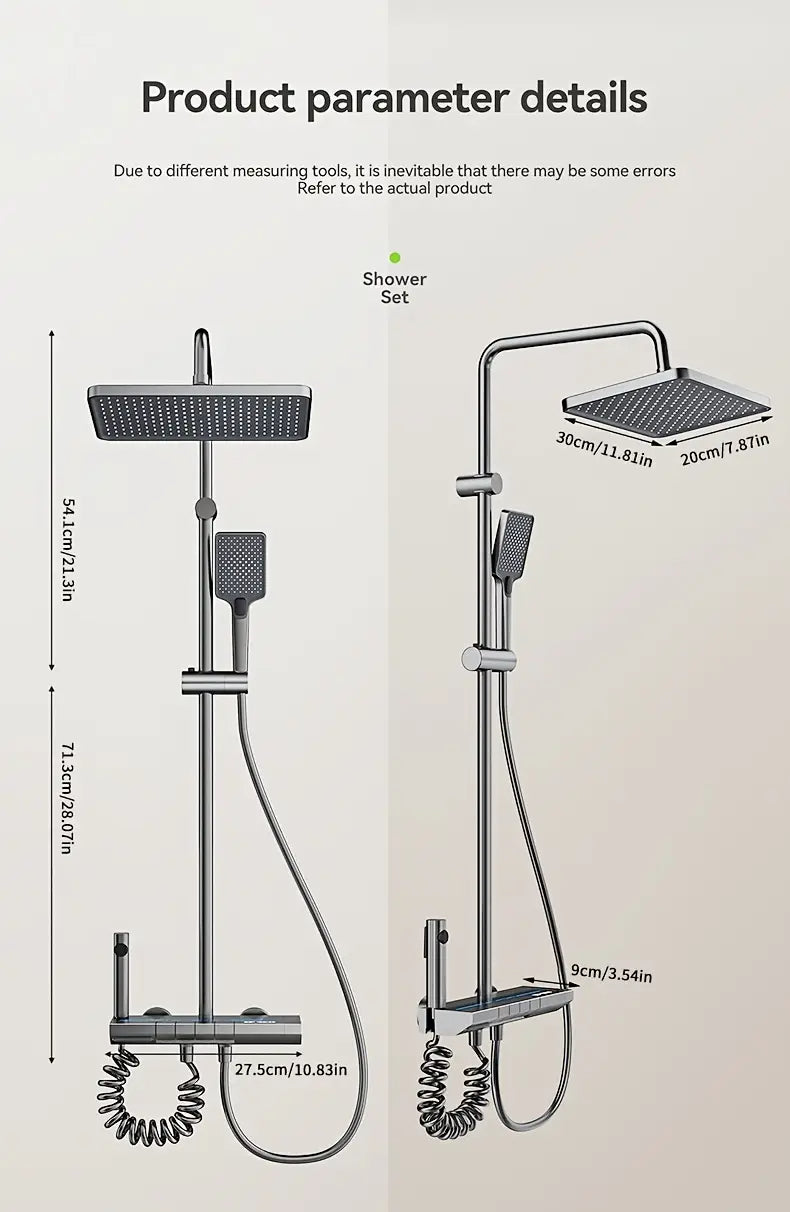 Colonne de douche mitigeur avec affichage numérique de la température, système de douche à effet pluie mural avec pommeau de douche à effet piano