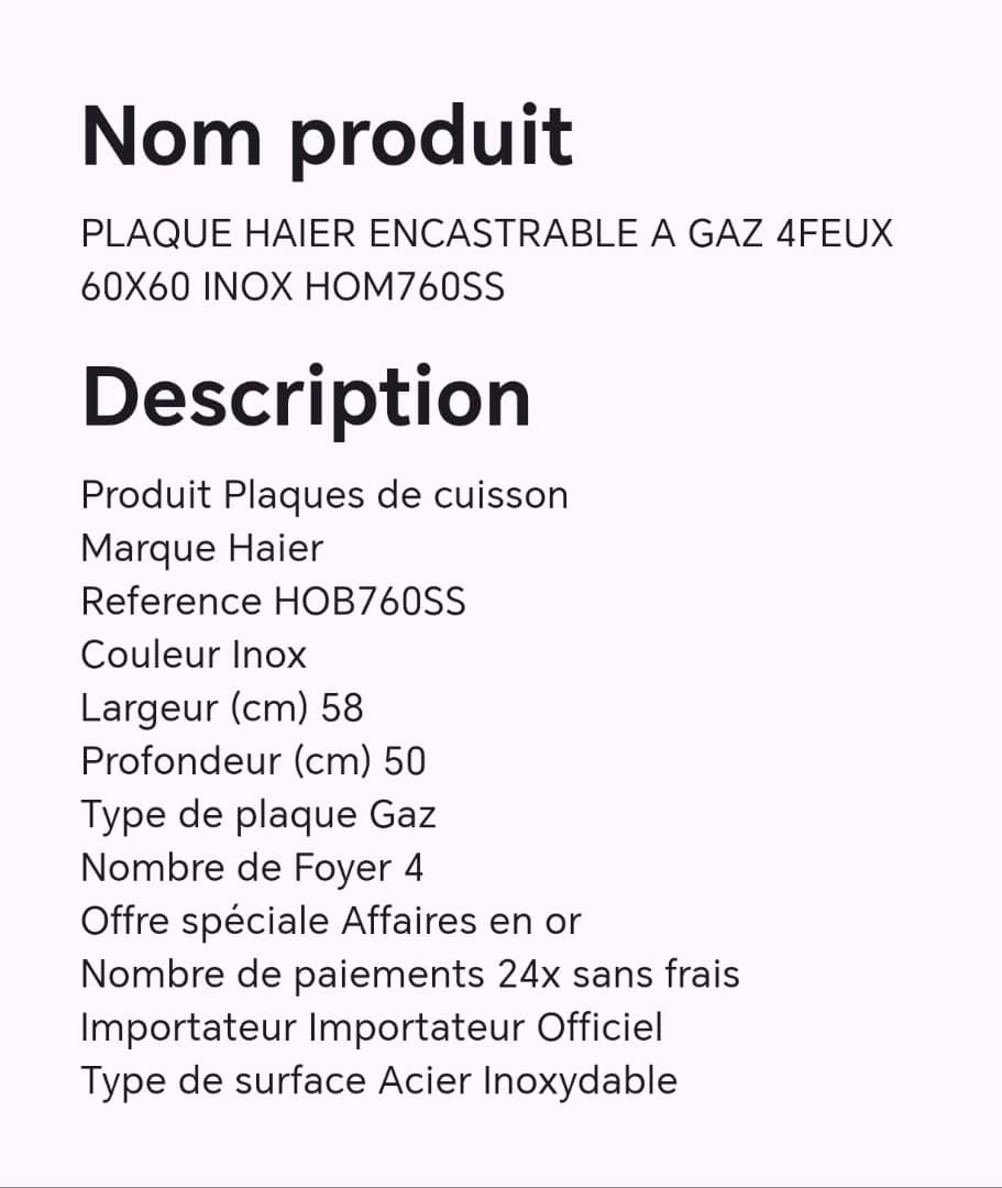 PLAQUE HAIER ENCASTRABLE A GAZ 4FEUX 60X60 INOX HOM760SS