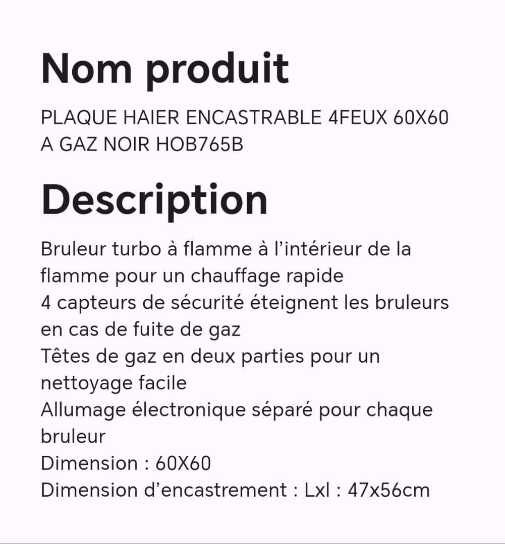PLAQUE HAIER ENCASTRABLE 4FEUX 60X60 AGAZ NOIR HOB765B