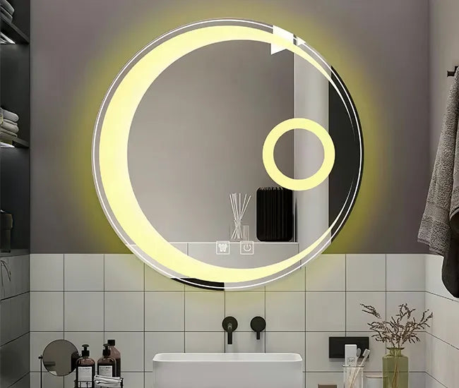 Miroir intelligent rond, miroir de salle de bain, miroir lumineux LED, miroir mural lumineux avec fonction antibuée, interrupteur tactile, affichage de l'heure, intensité réglable