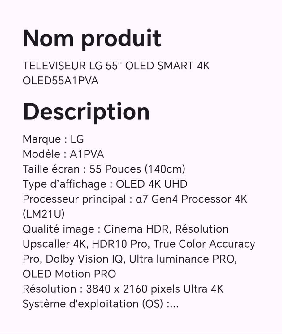 TELEVISEUR LG 55" OLED SMART 4K OLED55A1PVA