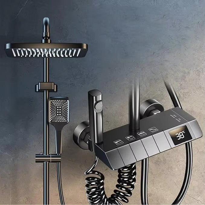 Colonne de douche Gris avec robinetterie murale à affichage numérique LED, mitigeur effet pluie, ensemble de douche 4 jets avec pommeau de douche effet pluie de 30 cm, douchette à main 3 jets et bidet intégré.