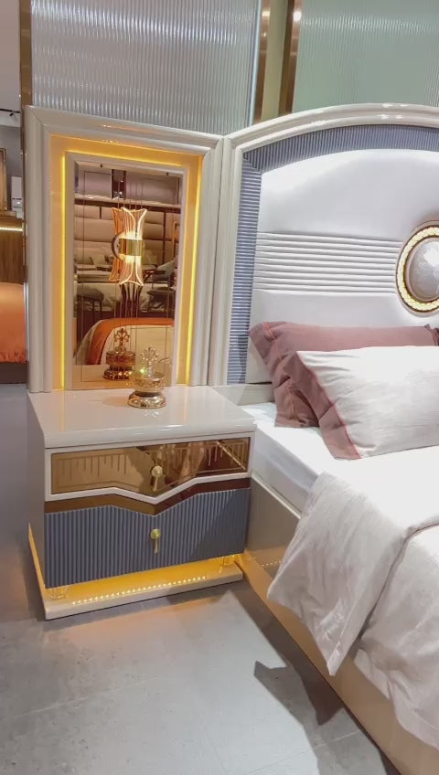 CHAMBRE A COUCHER 6BATTANTS 5PIECES GRIS BEIGE DORÉ