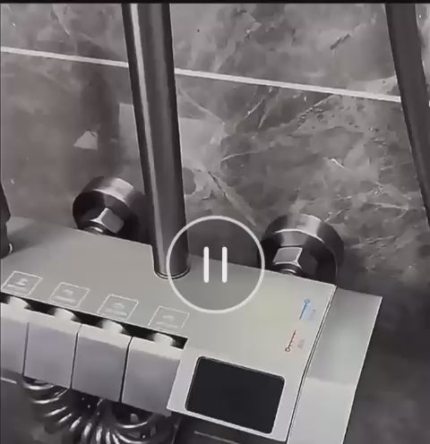 Colonne de douche Gris avec robinetterie murale à affichage numérique LED, mitigeur effet pluie, ensemble de douche 4 jets avec pommeau de douche effet pluie de 30 cm, douchette à main 3 jets et bidet intégré.
