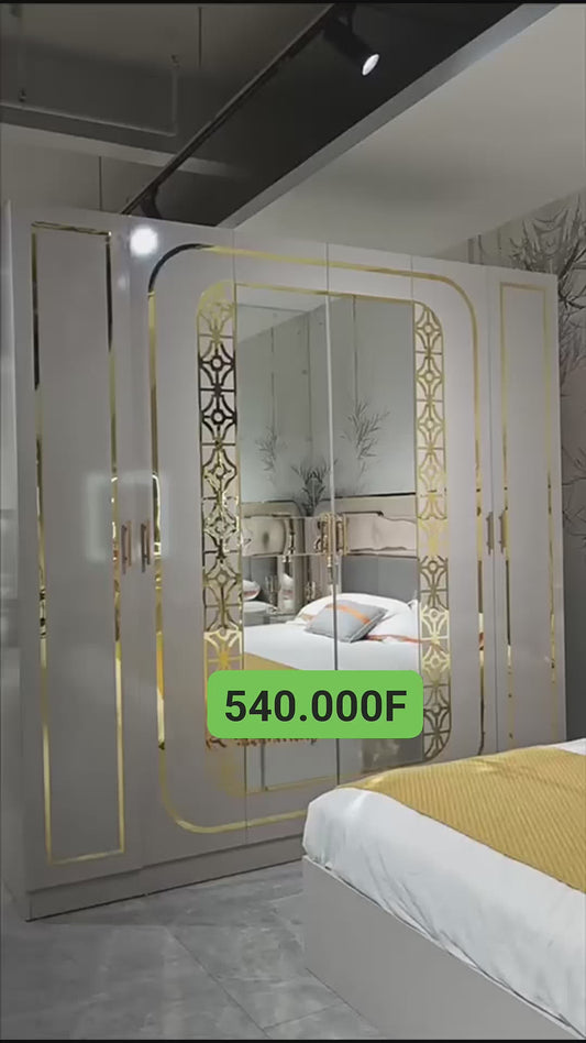 CHAMBRE A COUCHER 6BATTANTS 6PIECES GRIS LUMIÈRE LED AVED DESIGN DORÉ