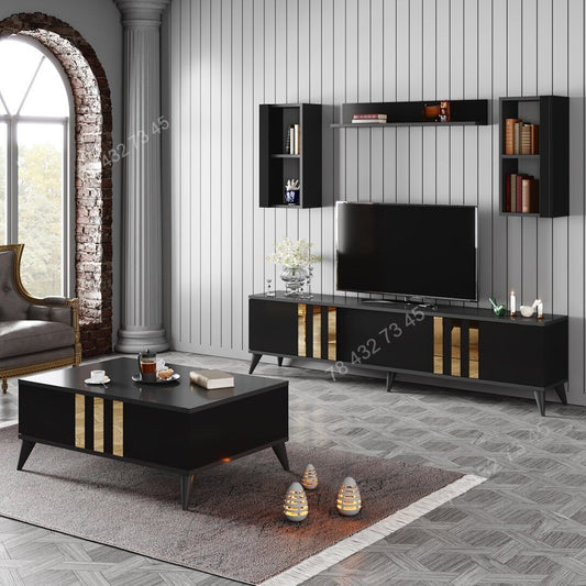 Meuble TV + Table Basse - Noir & Gris - 1m80