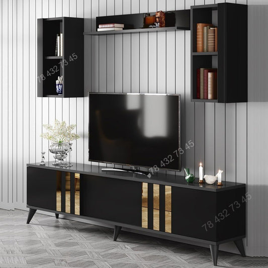 Meuble TV Noir Gris Avec Bandes Dorées- 1m80