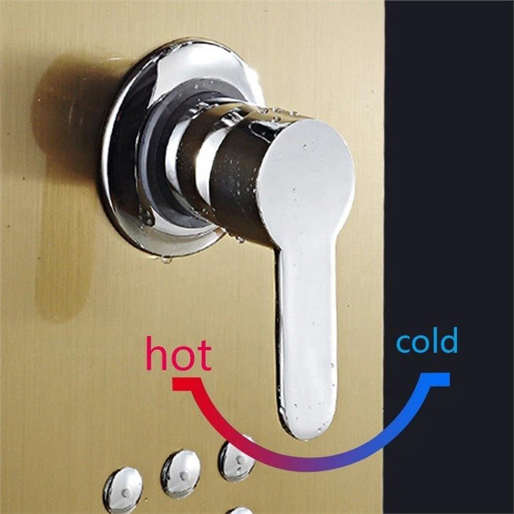 Colonne de douche en acier inoxydable multifonctions avec bec de douche effet pluie, jets de massage, bec de baignoire et douchette.